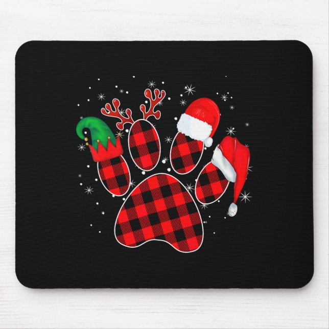 Mousepad Dog Paws Christmas Buffalo Plaid Paw Santa Elf Rei (Frente)