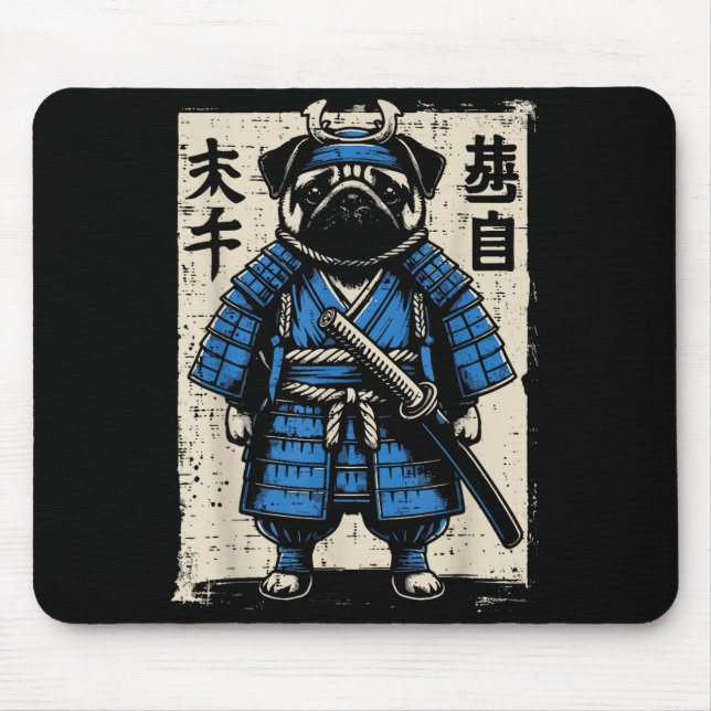 Mousepad Dog Pug Samurai Funny Japanese Warrior Art Men Wom (Frente)