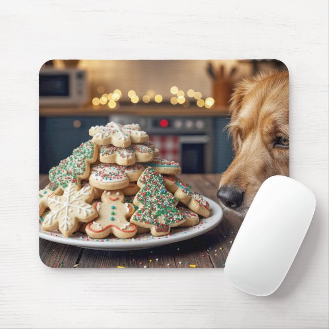 Mousepad Dog Sniffing Christmas Sugar Cookies (Com mouse)