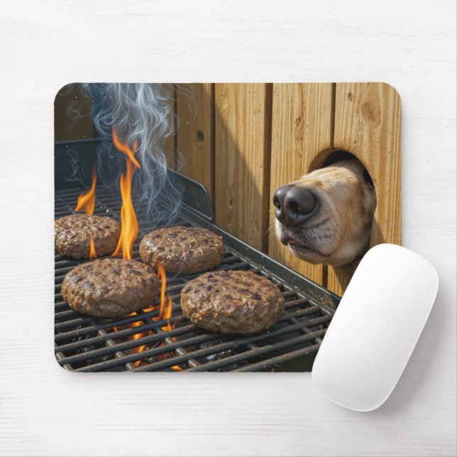 Mousepad Dog Sniffing Hamburgers On a Barbecue Grill (Com mouse)
