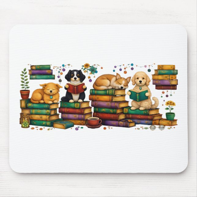 Mousepad Dogs Reading Books Cozy Library Scene (Frente)