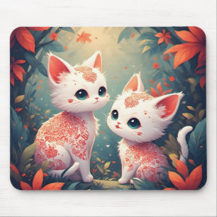 Mousepad Dois Gatinhos Brancos numa Floresta Mágica