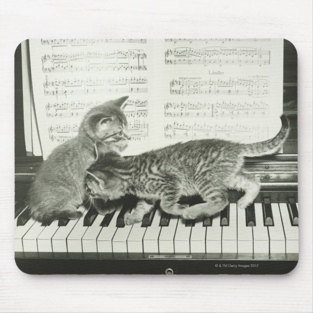 Mousepad Dois gatinhos tocando no teclado de piano, (B&W) (Frente)