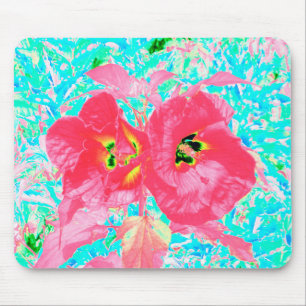 Mousepad Dois Hibiscus Louco de Coral Vermelho Rosado em Aq