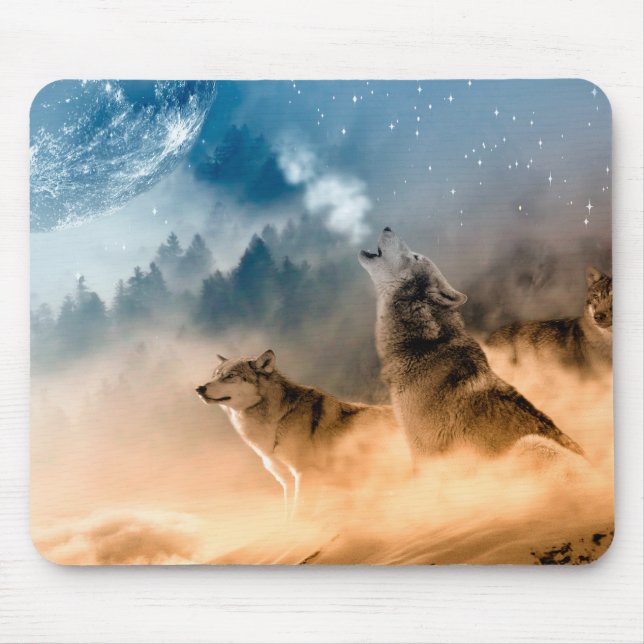 Mousepad Dois lobos uivam na lua de cheio na floresta (Frente)
