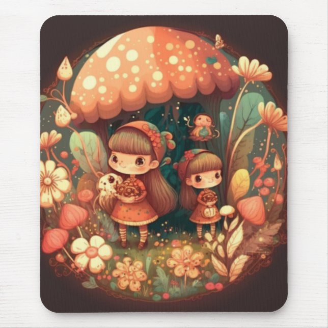 Mousepad Dois pequenos elfos bonitos sob cogumelos Área de  (Frente)