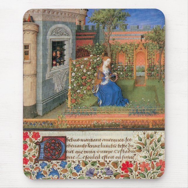 Mousepad donzela medieval no jardim de rosa (Frente)