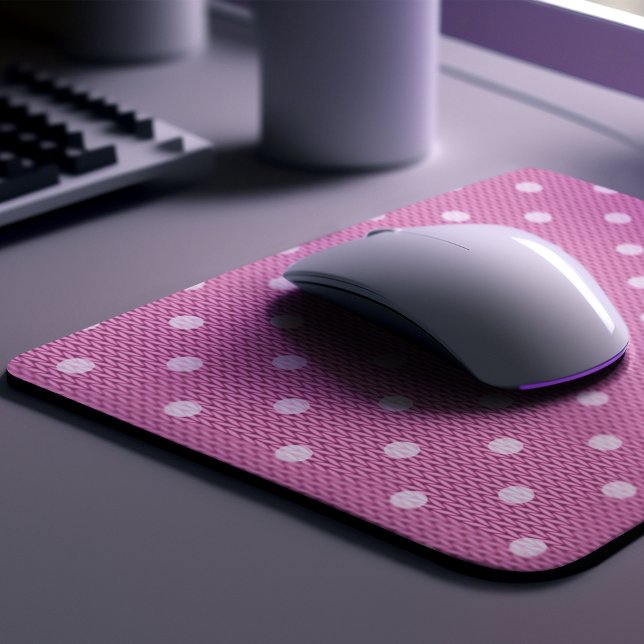 Mousepad Dotty Delight Pink (A Dotty Delight Pink Mouse Pad is on the desk. )