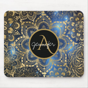 Mousepad Dourada aquarela e nebula mandala Blue Monograma