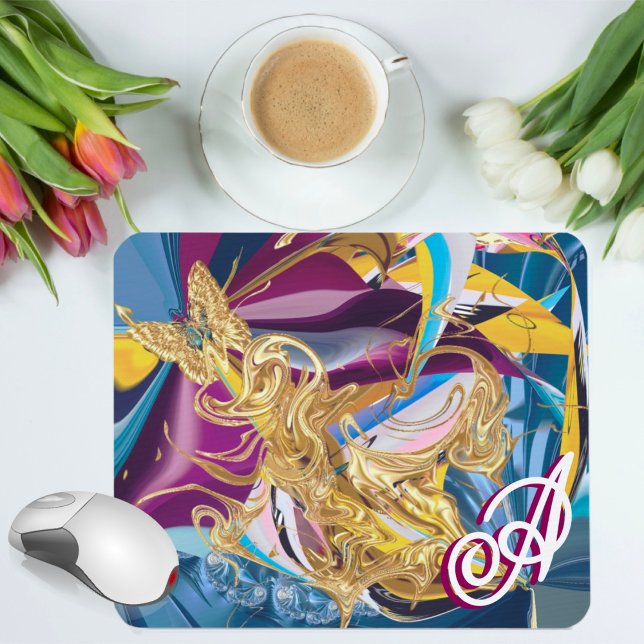 Mousepad Dourada Borboleta Fantasy Monograma Abstrato líqui (Criador carregado)