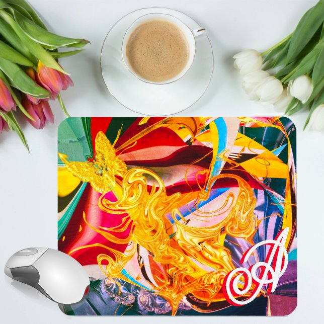 Mousepad Dourada Borboleta Fiery Monograma Abstrato líquido (Criador carregado)