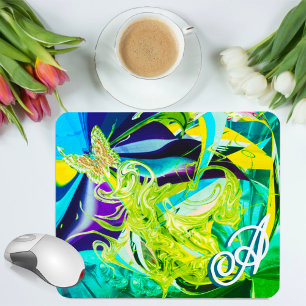 Mousepad Dourada Borboleta Roda Monograma Abstrato líquido