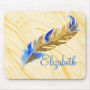 Mousepad Dourada Glitter Feather Cream Marble Pele do Lapto