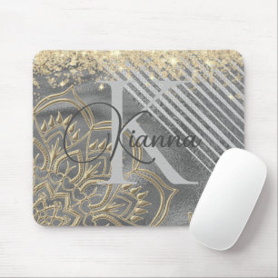 Mousepad Dourada Glitter Lotus Mandala Monograma