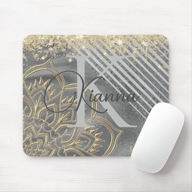 Mousepad Dourada Glitter Lotus Mandala Monograma (Com mouse)