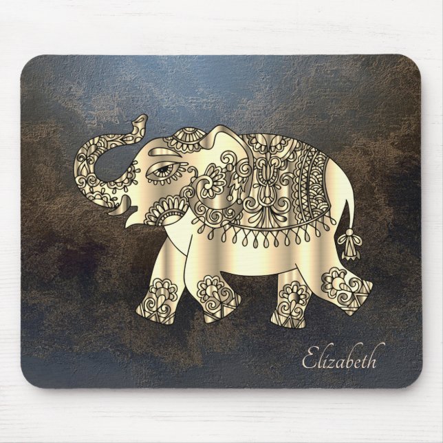Mousepad Dourada Paisley Floral Elepher, Leather Look (Frente)