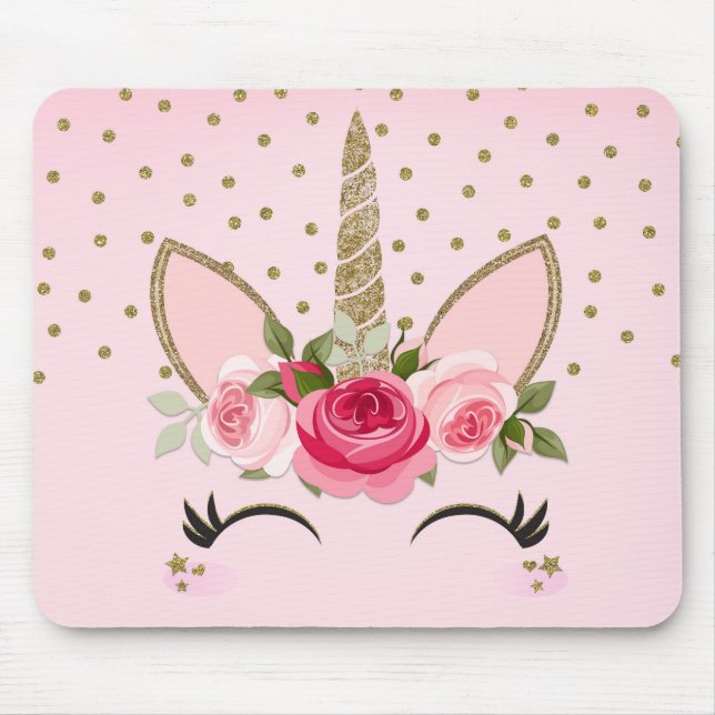 Mousepad Dourada tendência de glitter e Unicórnio Floral Ro (Frente)