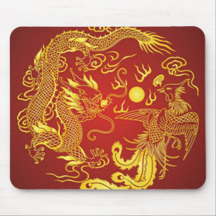 Mousepad Dourado Dragão Vermelho Fênix Favor do Casamento C