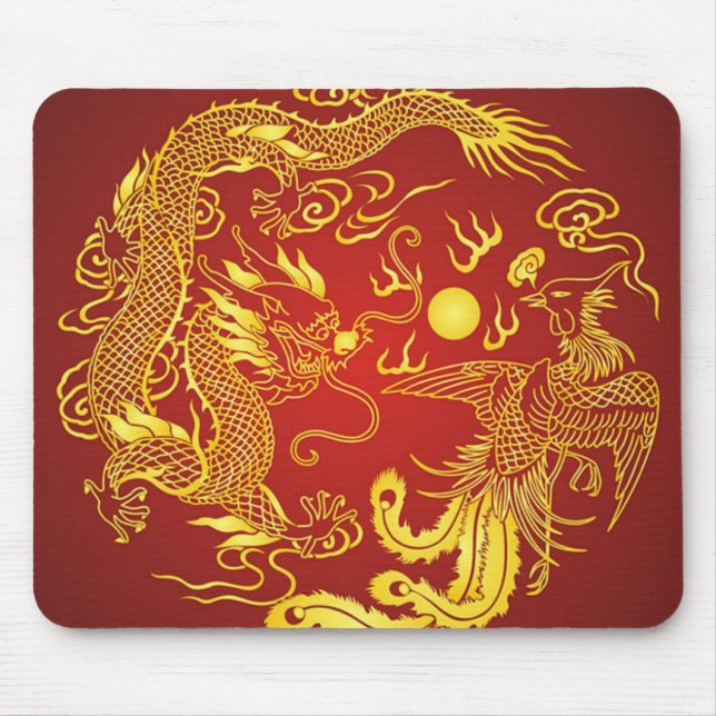 Mousepad Dourado Dragão Vermelho Fênix Favor do Casamento C (Frente)