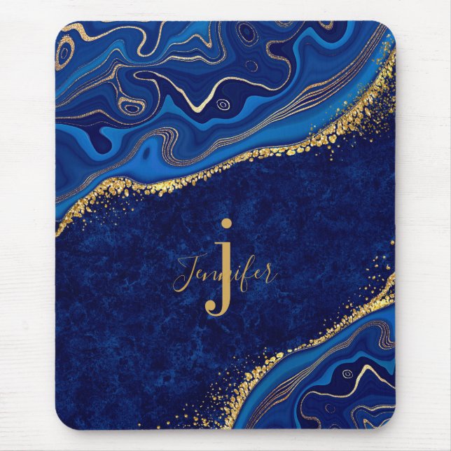 Mousepad Dourado e Azul Agate Moderno Elegante Marble Perso (Frente)