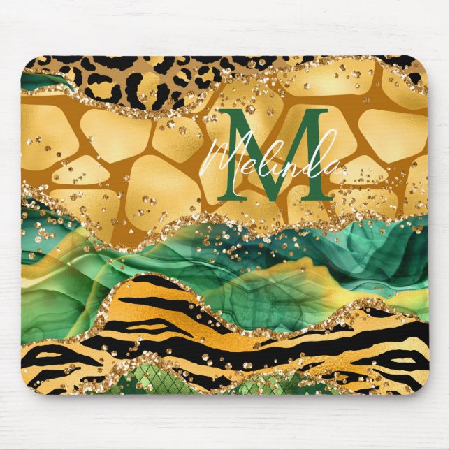 Mousepad Dourado e Verde Safari Animal Print Agate (Frente)