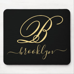 Mousepad Dourado Elegante moderno, preto, monograma manuscr