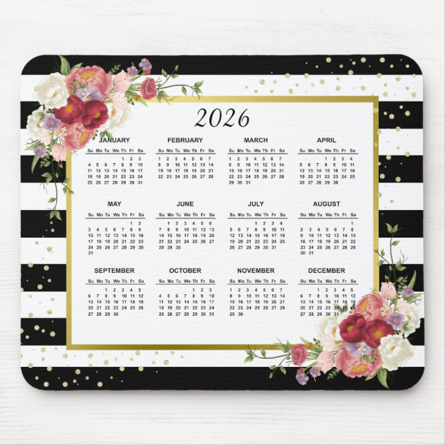 Mousepad Dourado Floral com Faixa Branca Preta - Calendário (Frente)