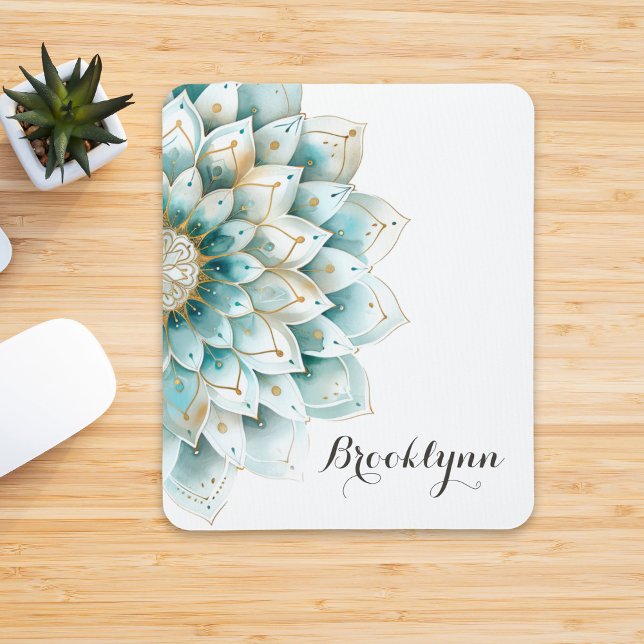 Mousepad Dourado Floral de Teal Azul Personalizado (Criador carregado)