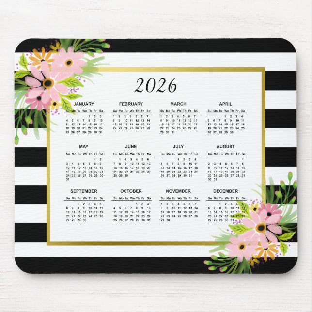 Mousepad Dourado Floral Preto-Branco Estimulado | Calendári (Frente)