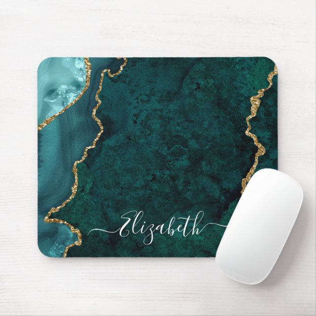 Mousepad Dourado Geodo Teal de Mármore Elegante Moderno (Com mouse)