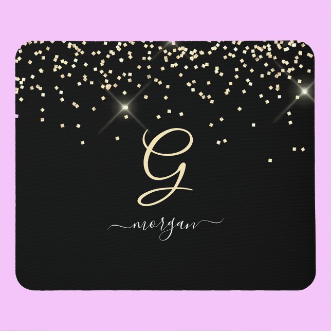 Mousepad Dourado Glitter & Monograma Nome em Letra de Forma (Criador carregado)