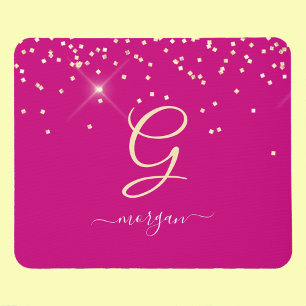 Mousepad Dourado Glitter & Monograma White Script Name, Fuc