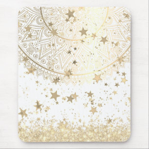 Mousepad Dourado Lotus Mandala com Douradas estrelas em bra