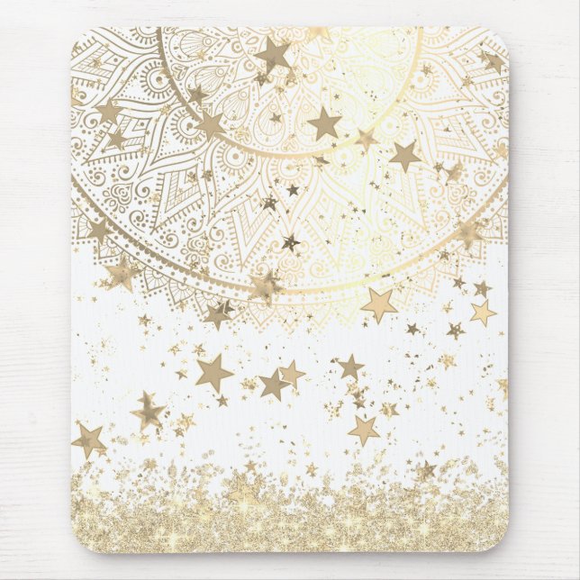 Mousepad Dourado Lotus Mandala com Douradas estrelas em bra (Frente)