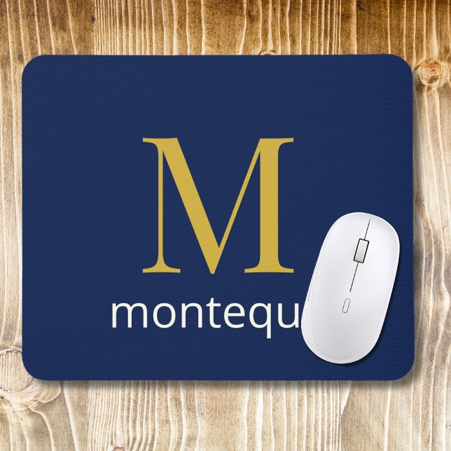 Mousepad Dourado Monograma Navy Profundo Nome Personalizado (Criador carregado)