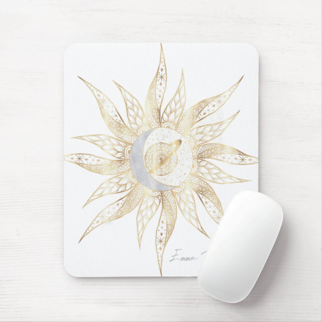 Mousepad Dourado Sol Branco Moderno Planeta Lua Universo Ma (Com mouse)
