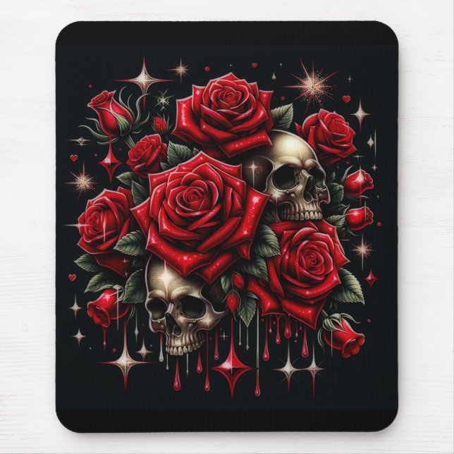 Mousepad Dourados crânios e Rosa vermelha Glamor Gótico Spa (Frente)