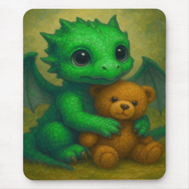 Mousepad Dragão-Bebê Verde-Cachorro-Cachorro, com Urso-Tedd (Frente)