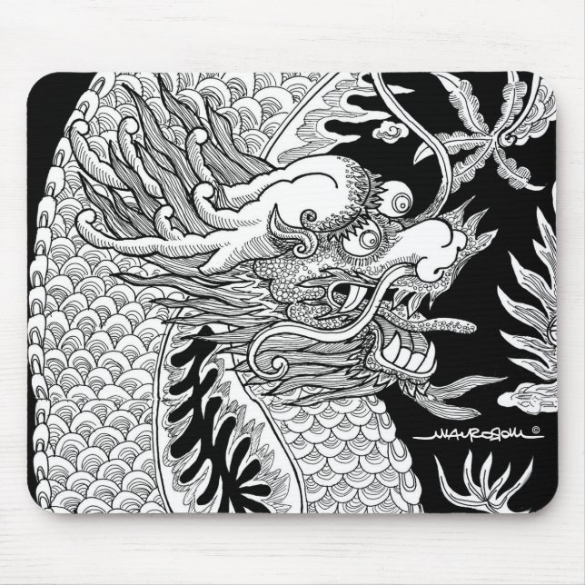 Mousepad Dragão Chinês Tradicional - Esquema Preto e Branco (Frente)