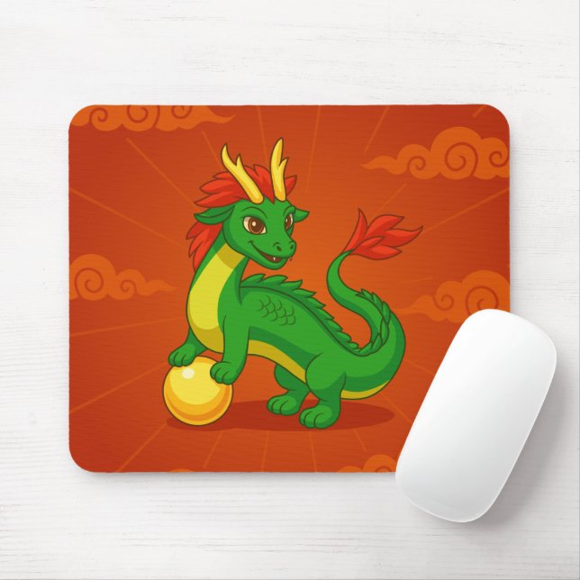 Mousepad Dragão Chinês Verde sobre Vermelho (Com mouse)