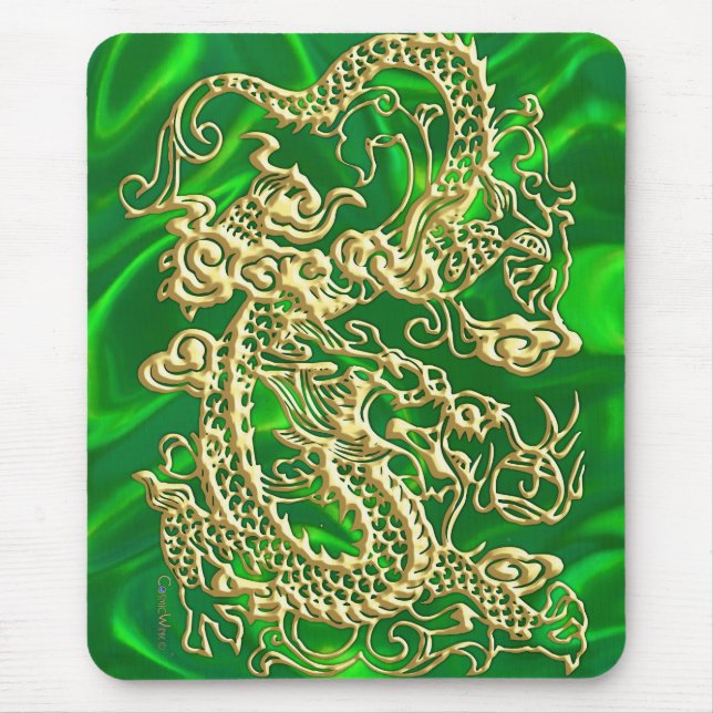 Mousepad Dragão Dourado embutido sobre Satin Verde Texturiz (Frente)