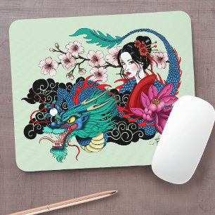 Mousepad Dragão Geisha Asiática Flor de Cerejeira Azul