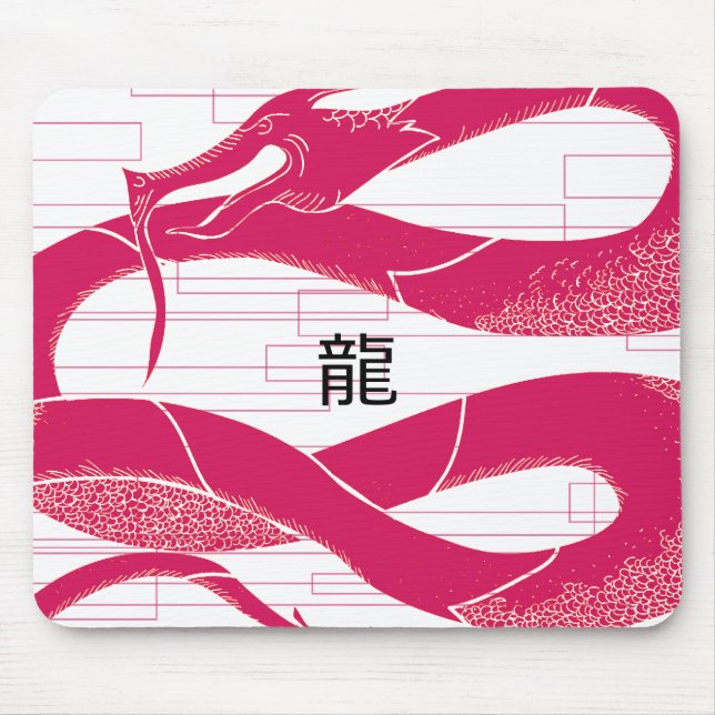 Mousepad Dragão-Rosa-Rosa Japonês Dragão - Fundo Branco (Frente)