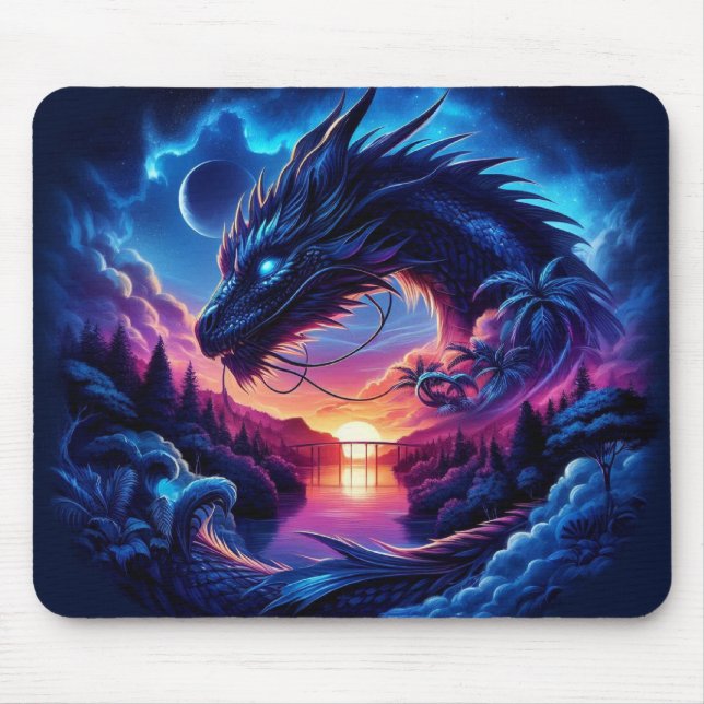Mousepad Dragão Silhuetado contra um Sunset Vibrante (Frente)