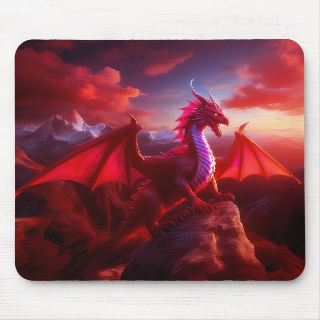Mousepad Dragão Vermelho Perches No Pico Da Montanha Cruzad (Frente)