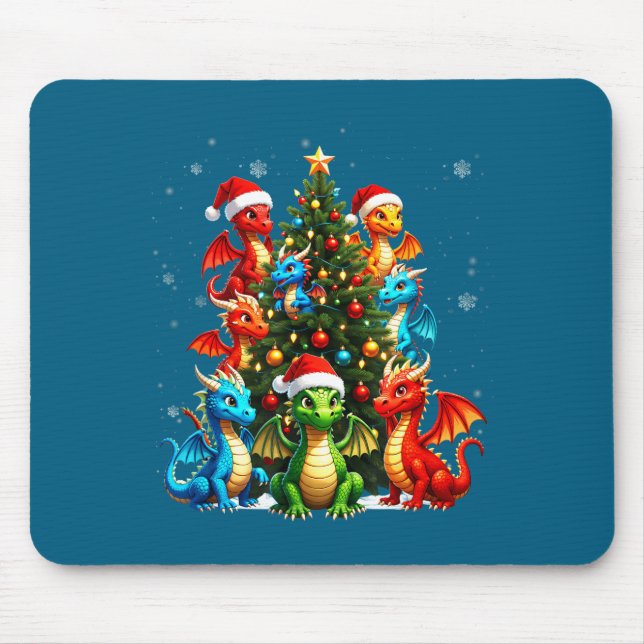 Mousepad Dragon Christmas Tree Squad Santa Hat Fantasy Myth (Frente)