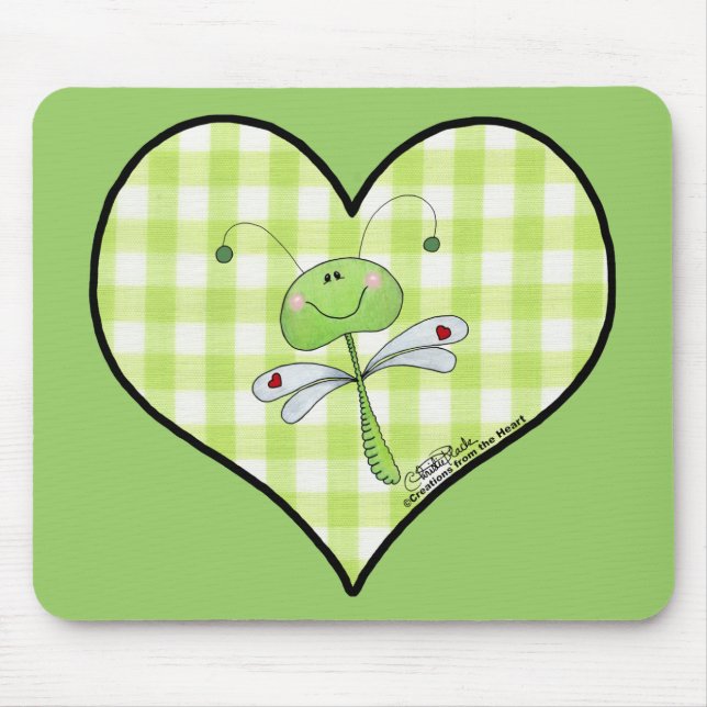 Mousepad Dragon Fly em um coração verde de gingham (Frente)