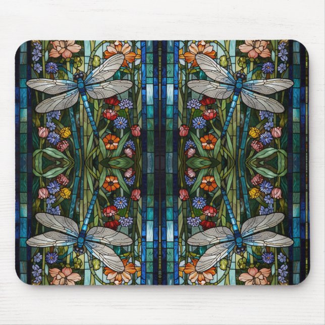 Mousepad Dragonfly art boho vidro botânico floral (Frente)