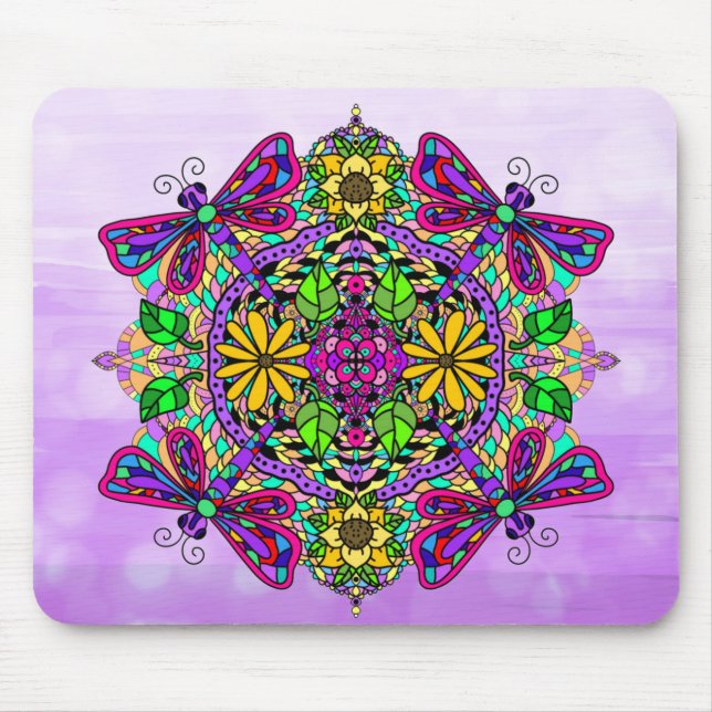 Mousepad Dragonfly Roxa Mandala Arte Desenhada À Mão (Frente)