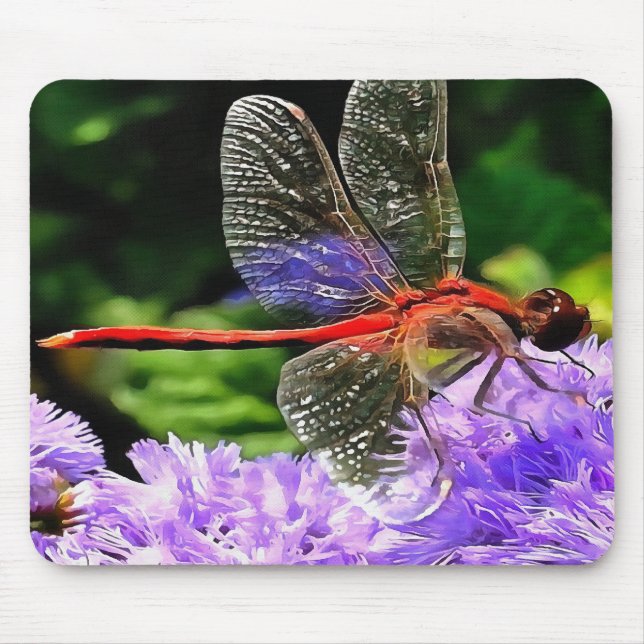 Mousepad Dragonfly Vermelha em Flores Violetas Roxos (Frente)